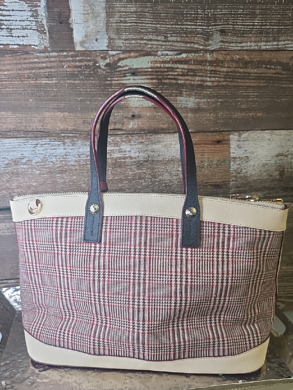 Henri Bendel West 57th Red Plaid & Leather Tote Bag - Picture 2 of 11